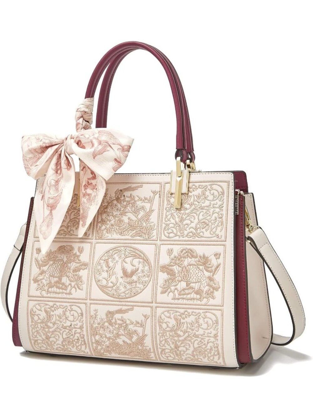 Women's Apricot Vintage Embroidered Top-Handle Retro Satchel Crossbody Handbag
